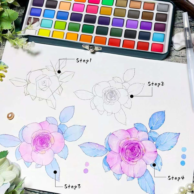 Artecho Watercolor Paint Set 50 Colors, Travel Watercolor Set with Watercolor Papers and Brushes, Ideal for Amateur Hobbyists, Painting Lovers and Artists - Image 4